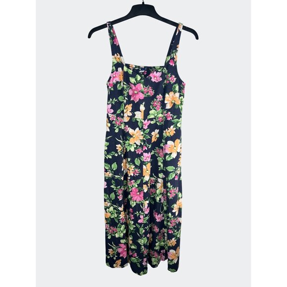Old Navy Womens Navy Blue Floral Fit & Flare Linen Blend Midi Dress Size Medium - Picture 2 of 14